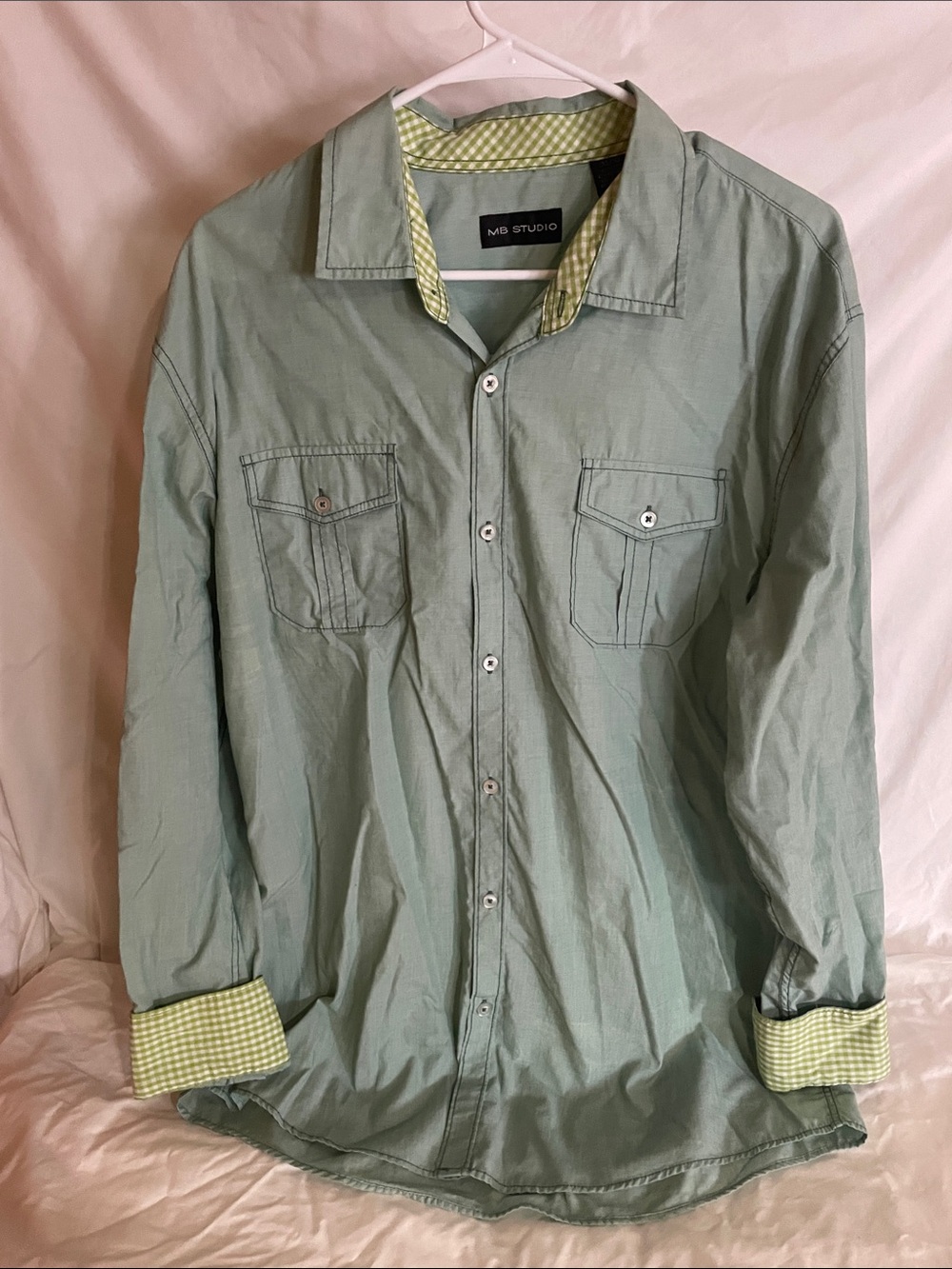 M.STUDIO Sage Green Lightweight Button-Up Shirt Jacket with Gingham Trim